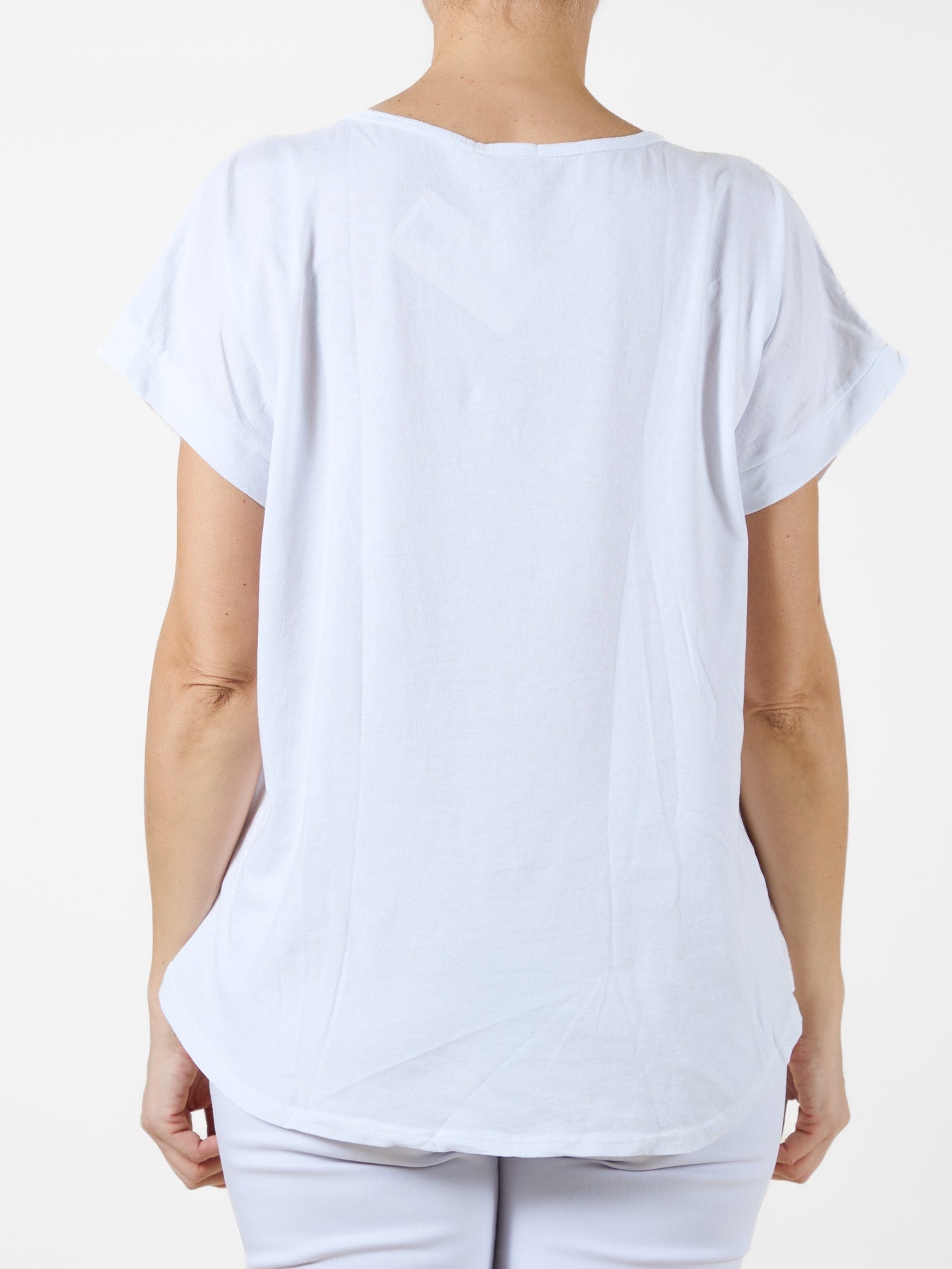 White T-Shirt with Metallic Silver Brushstroke & Dot Design