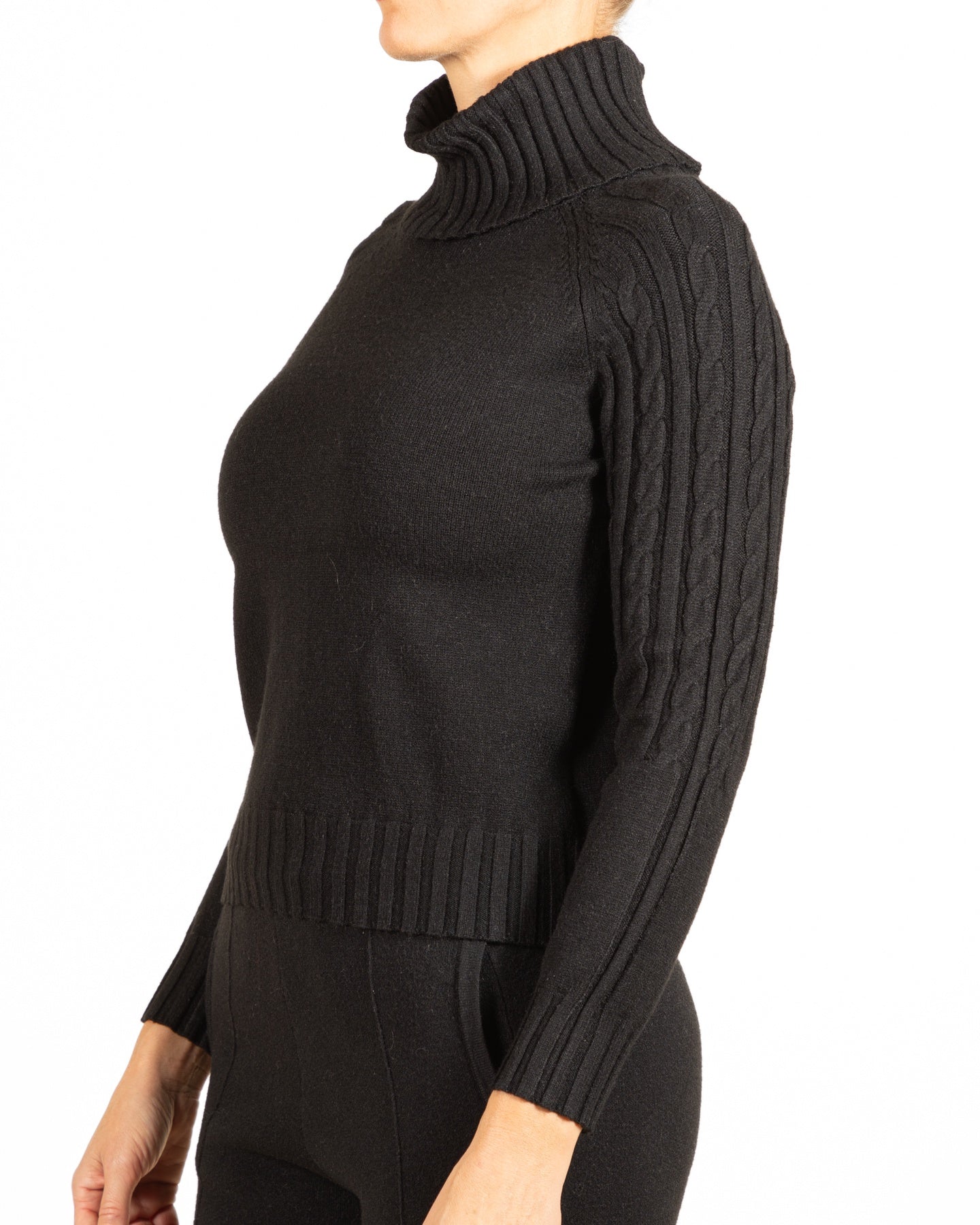 Black Cableknit Trim Cowl Neck Pullover