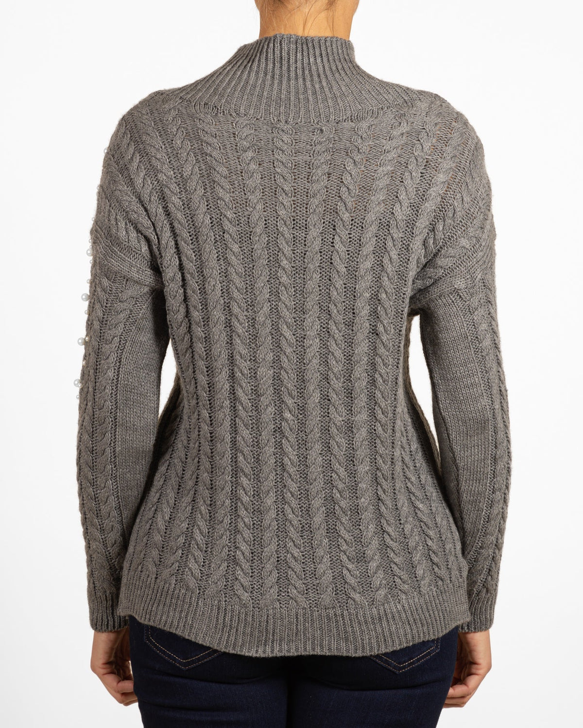 Pewter Hi Mock Neck Pearl Shoulder Detail Cableknit Sweater