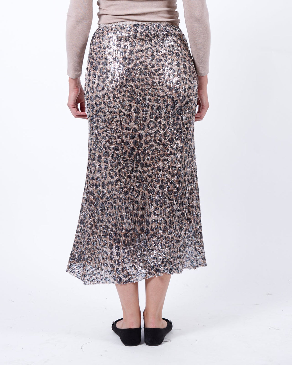 Beige Pull on Leopard Animal Sequin Skirt