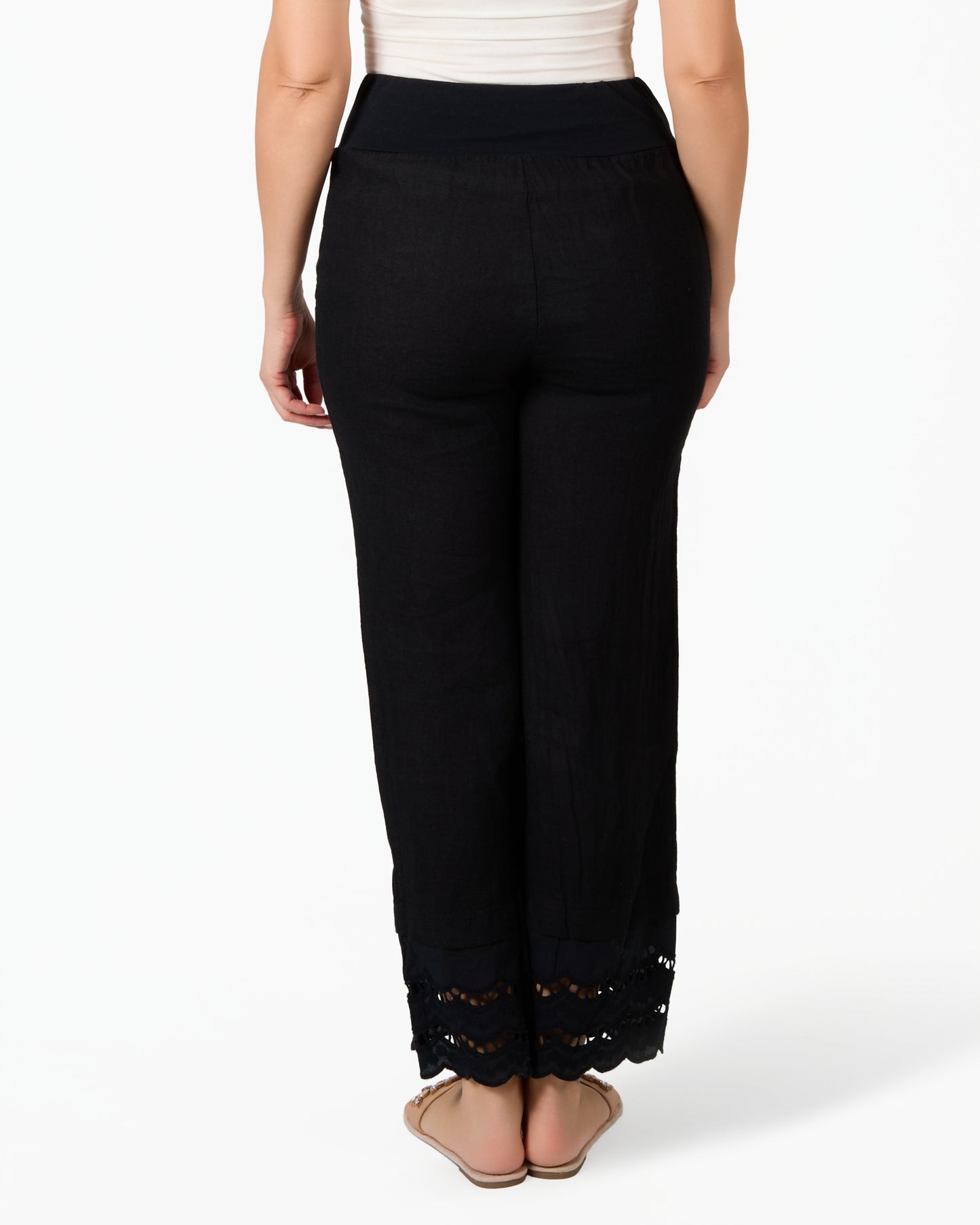 Pantalon noir en lin et dentelle à taille élastique