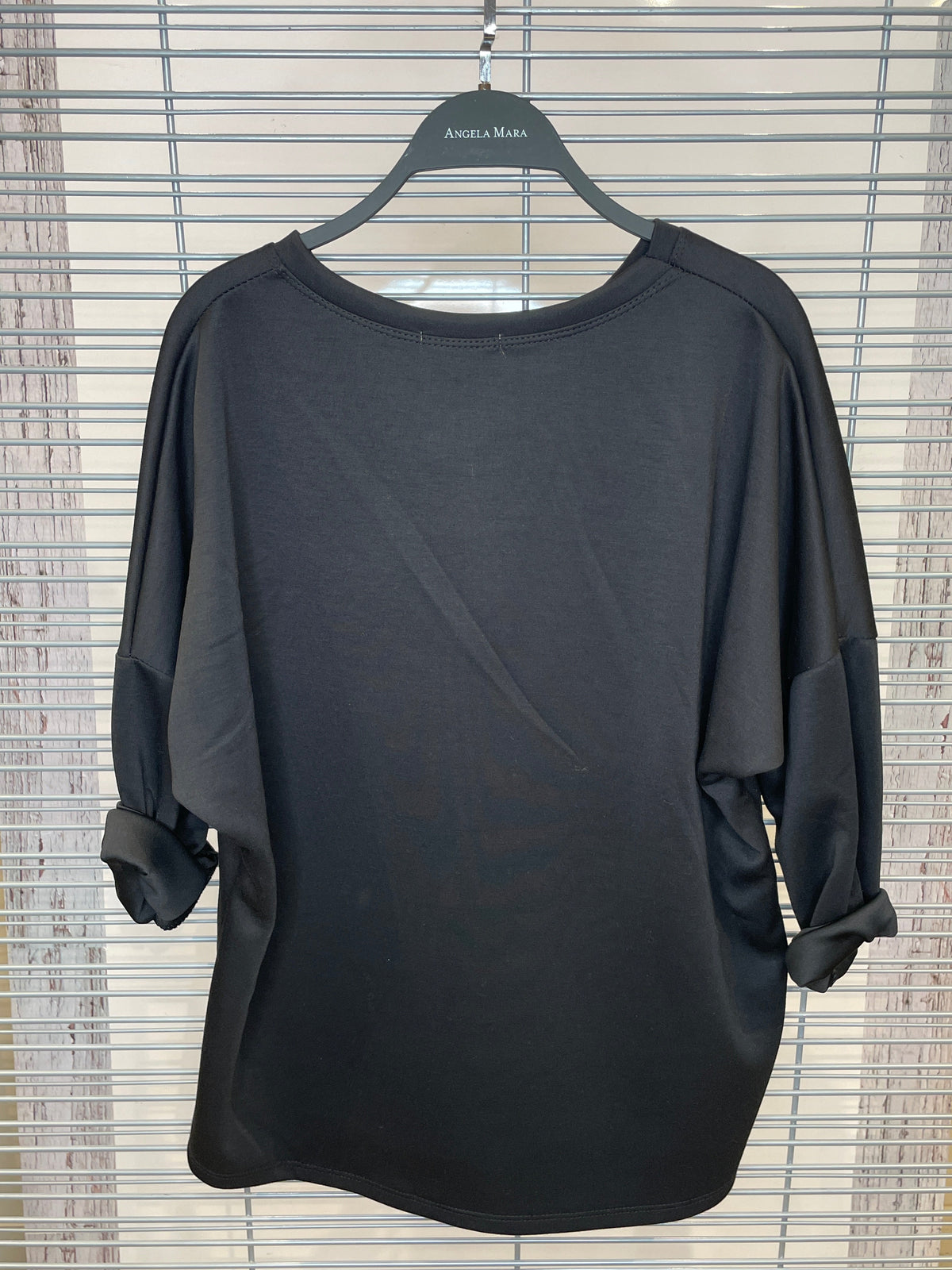 “Perfectly Imperfect” Rhinestone Script Long Sleeve Top – Black