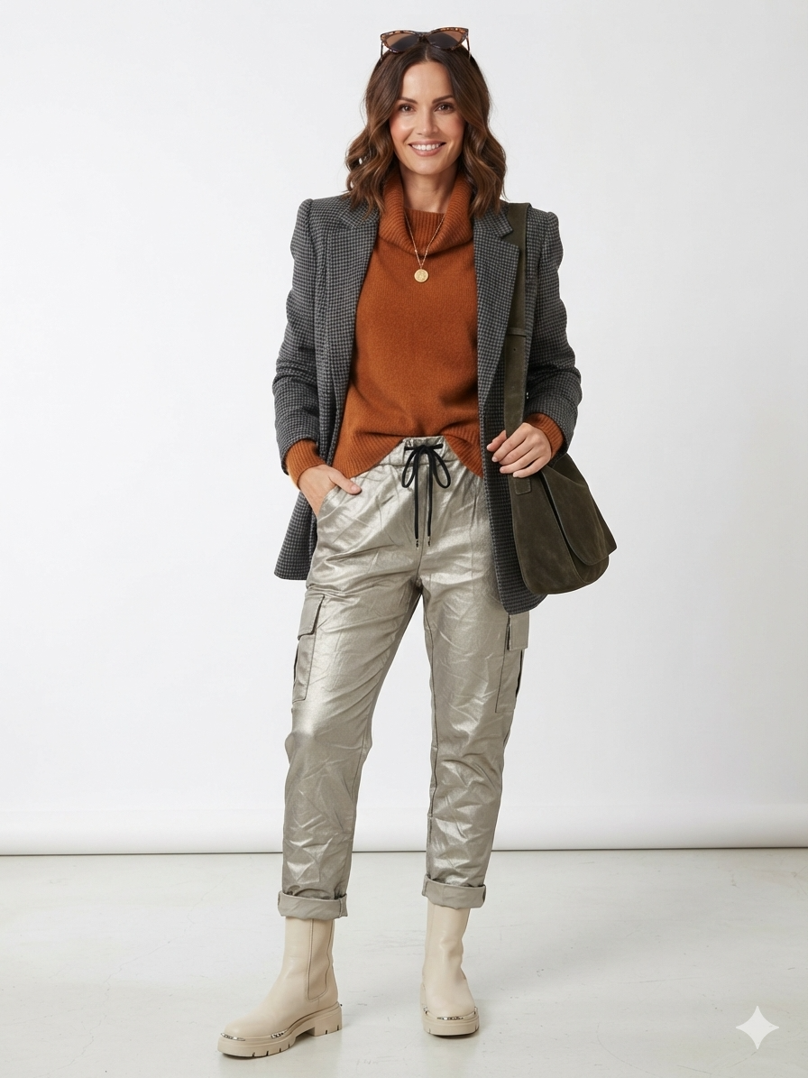 Metallic Cargo Jogger Pants with Drawstring – Pewter