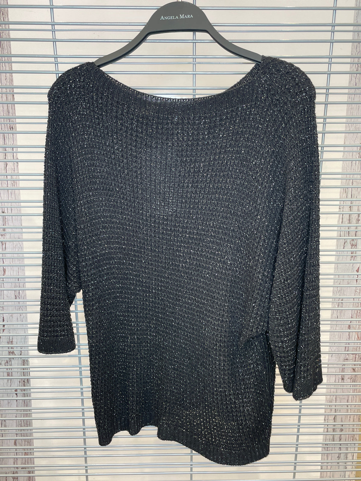 Sparkle Open-Knit Top with 3/4 Sleeves – Black