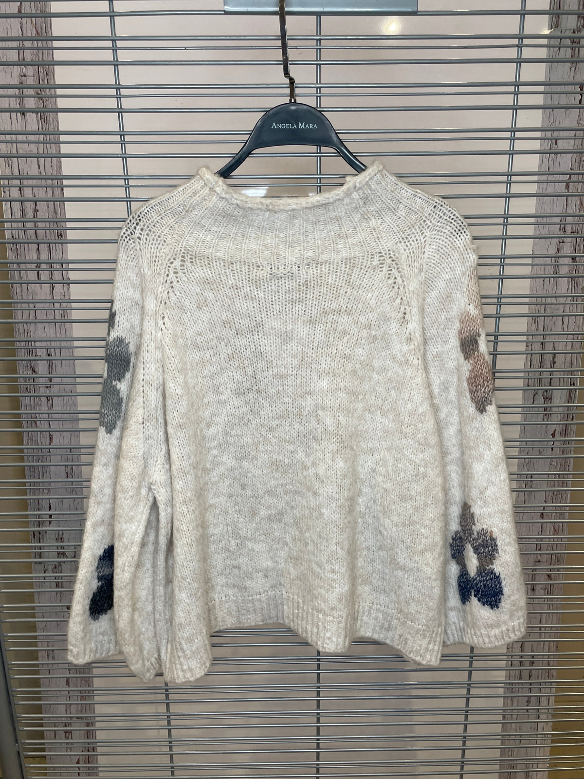 Flower Pattern Chunky Knit Sweater – Cream, Grey & Taupe