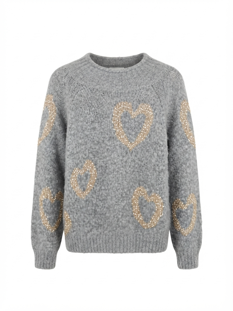 Heart Pattern Chunky Knit Sweater with Sparkle Dots – Grey & Beige
