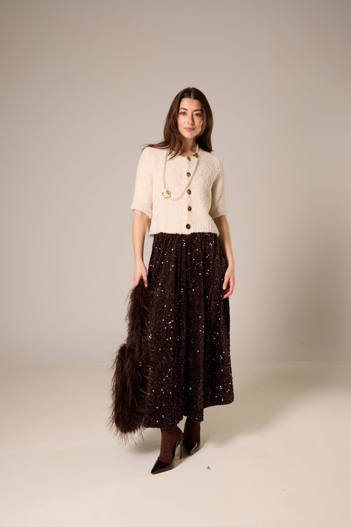 Long Sequin Velvet Skirt with Elastic Waist – Chocolate Brown