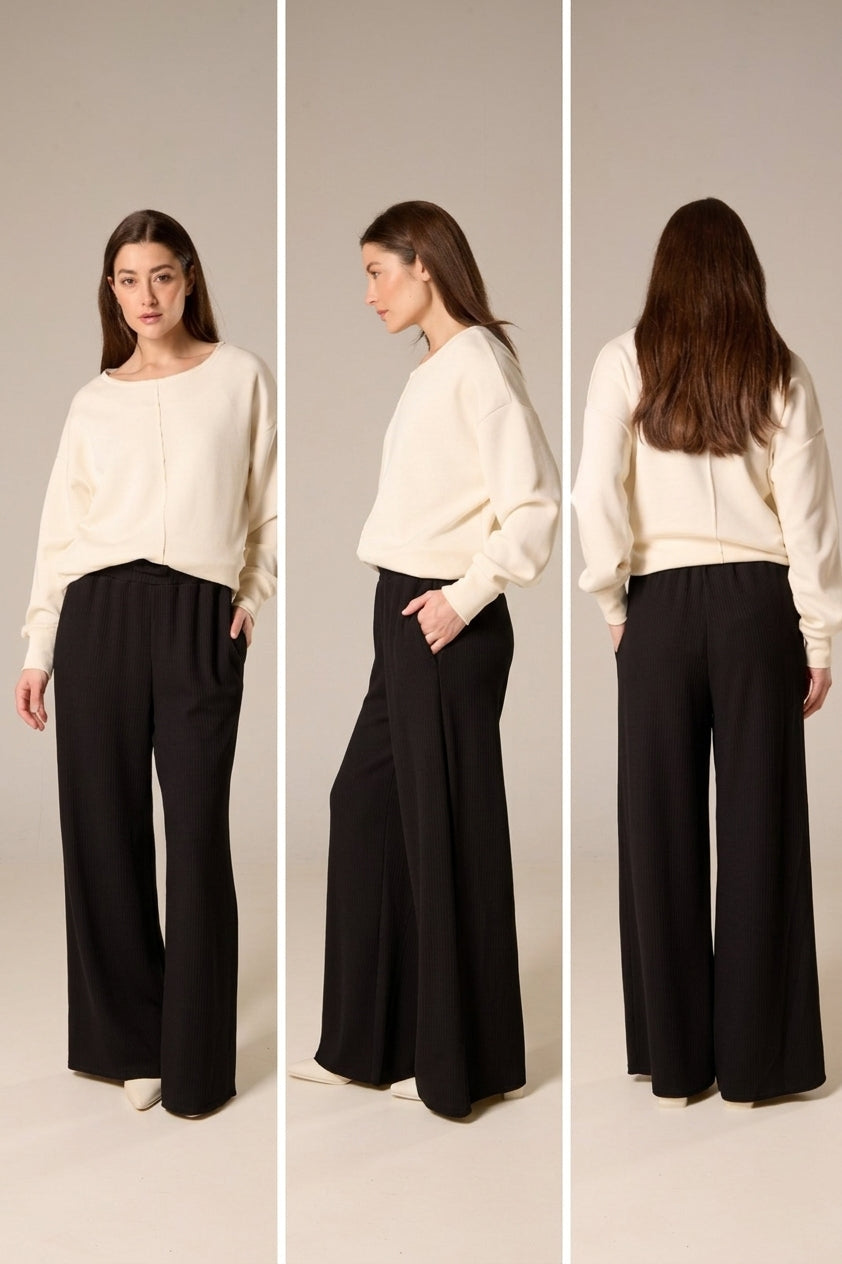 Soft Jersey Wide-Leg Drawstring Pants – Black