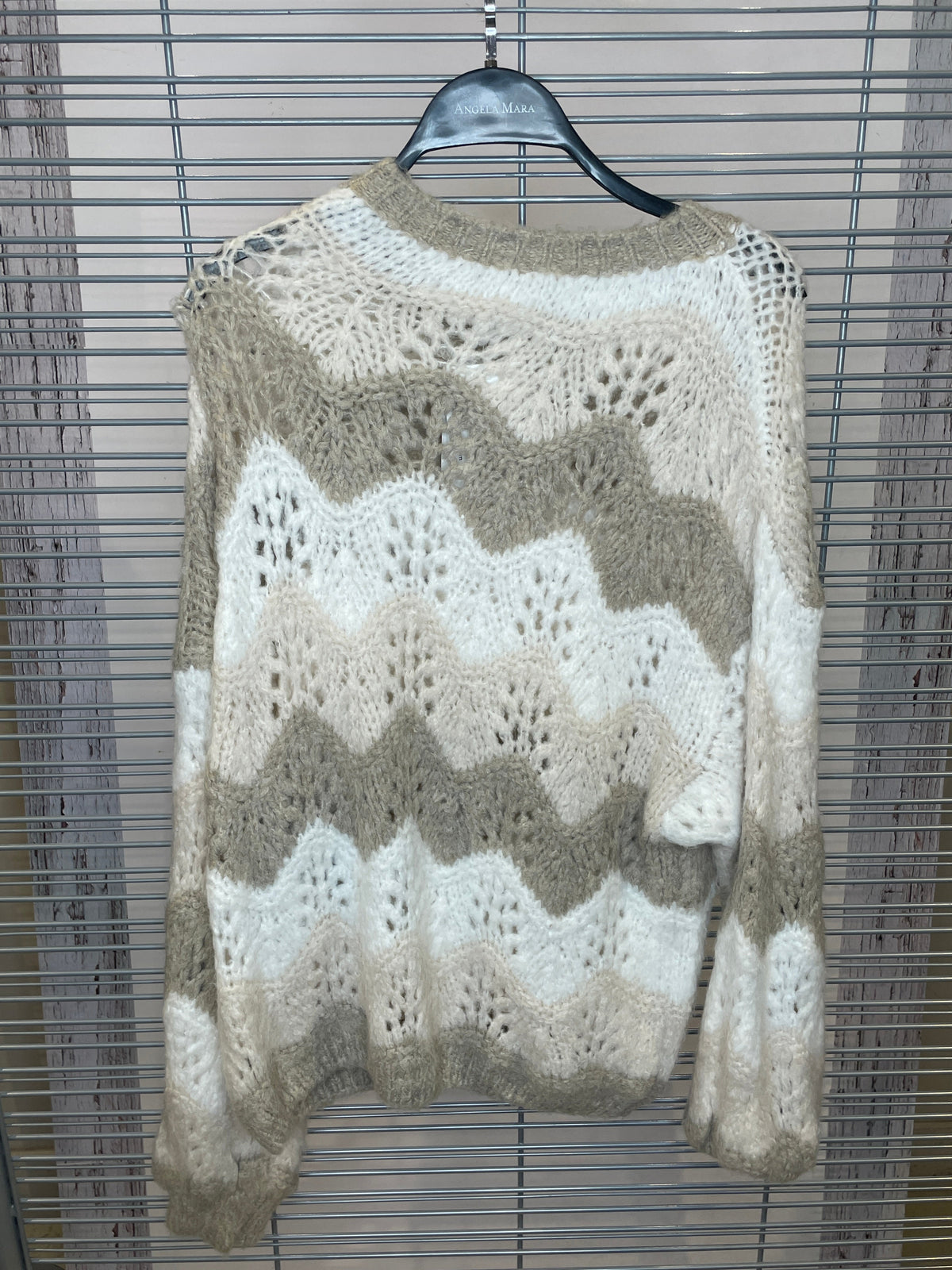 Chunky Open-Knit Chevron Sweater – Cream & Taupe