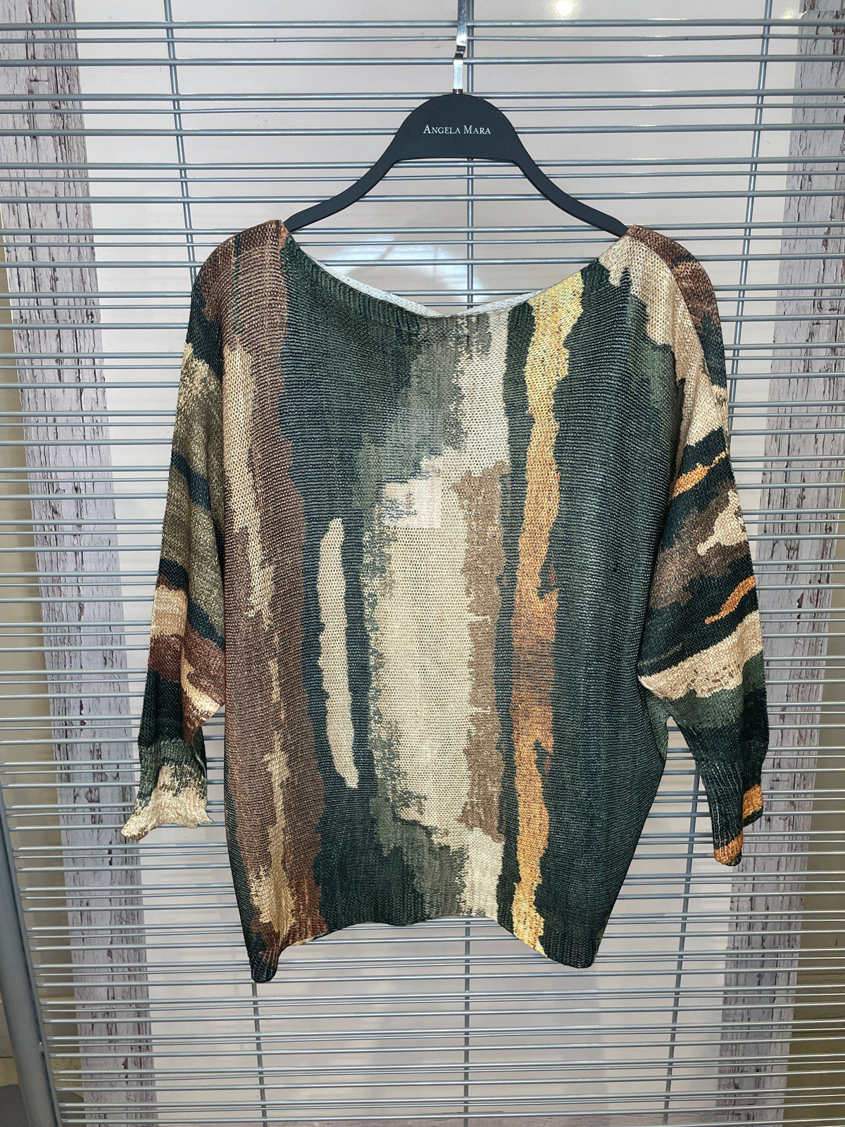 Brushstroke Print Metallic Knit Top – Olive, Brown & Gold
