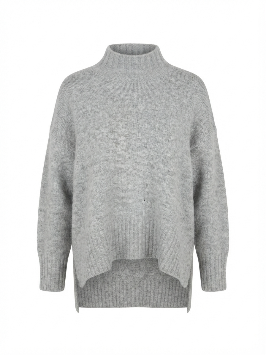 Oversized Mock Neck Sweater with Side Slits – Heather Grey