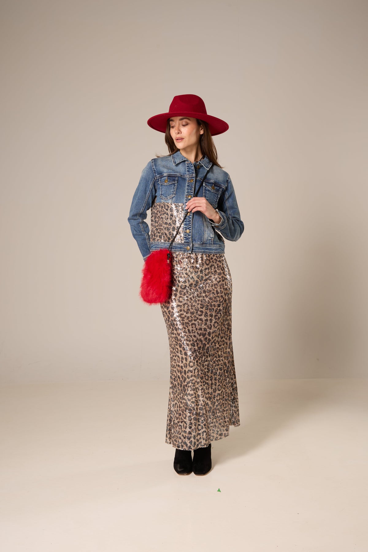 Medium Wash Denim Jacket with Leopard Sequin Panel