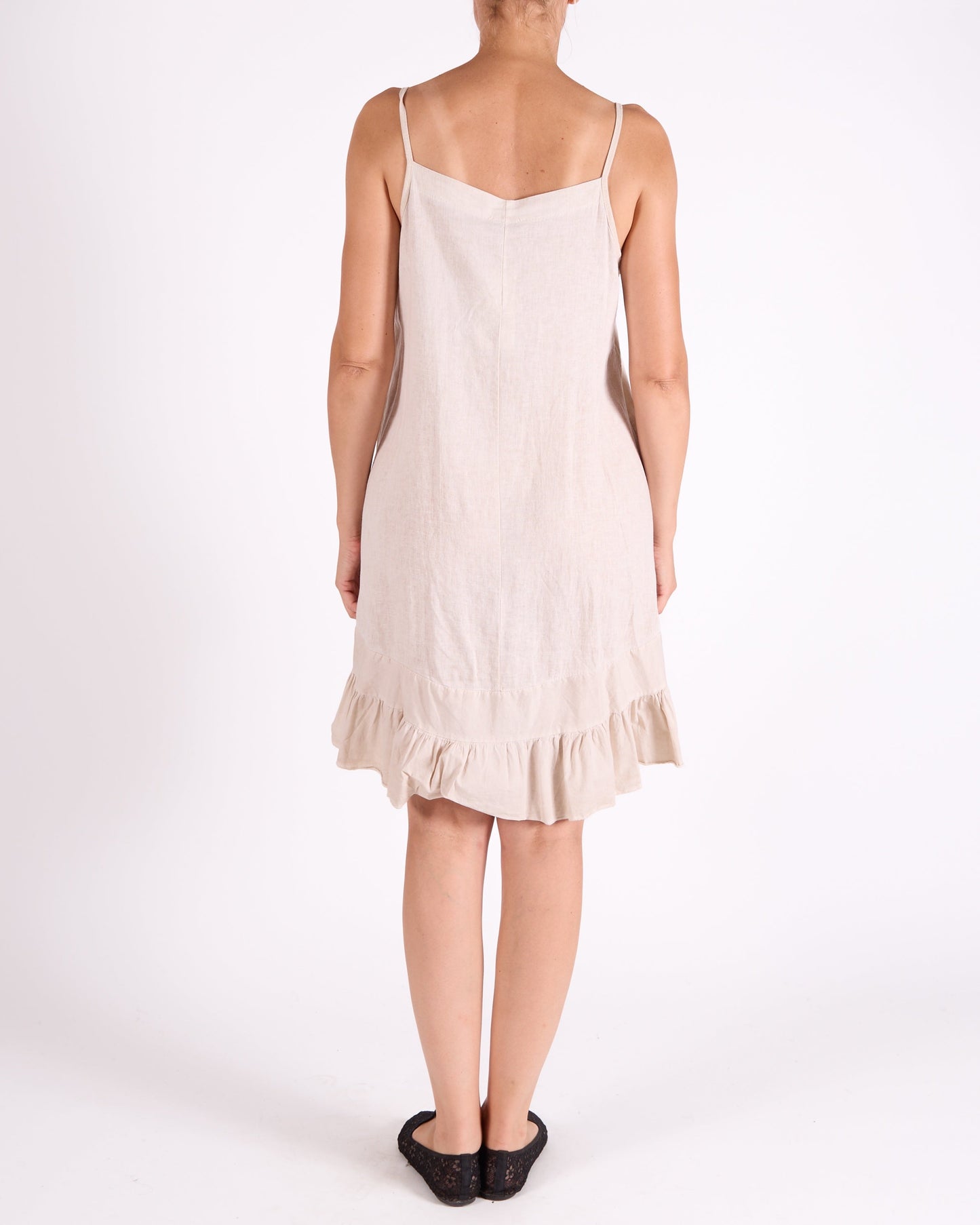 Sand Spaghetti Strap Ruffle Hem Band Neckline Dress