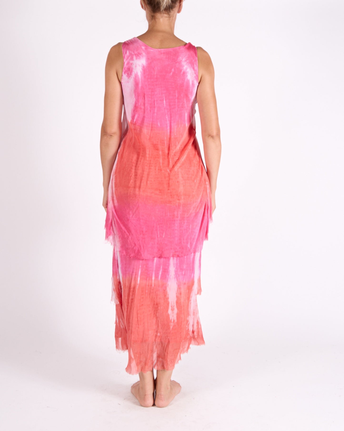 Cherry Sleeveless Raw Edge Multi Layer Tye Dye Sleeveless Dress