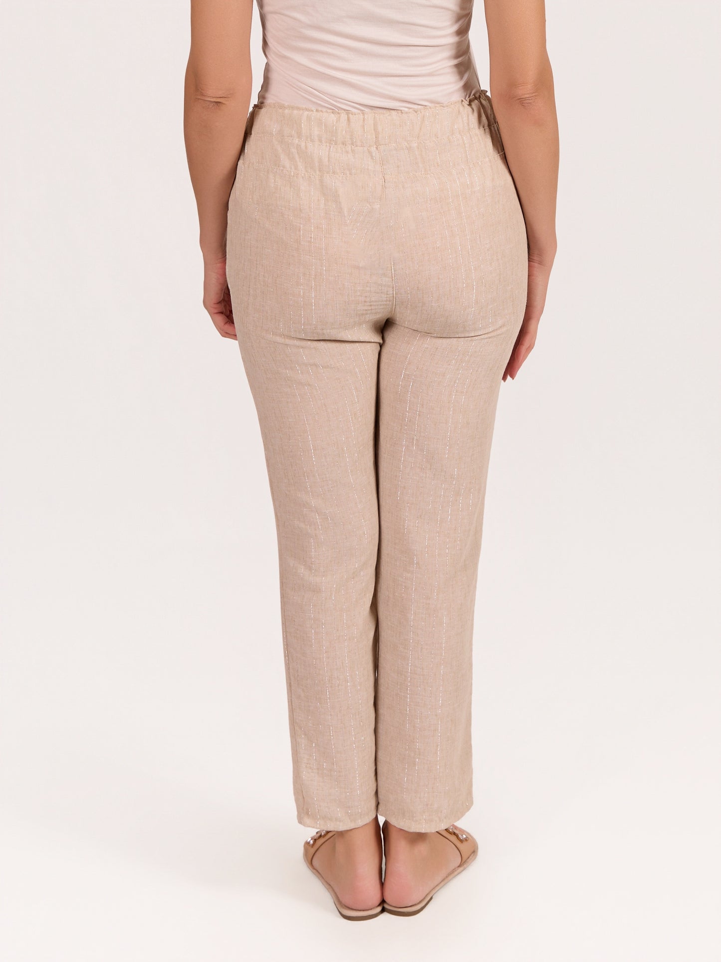 Pantalon beige en mélange de lin à enfiler avec fil lurex