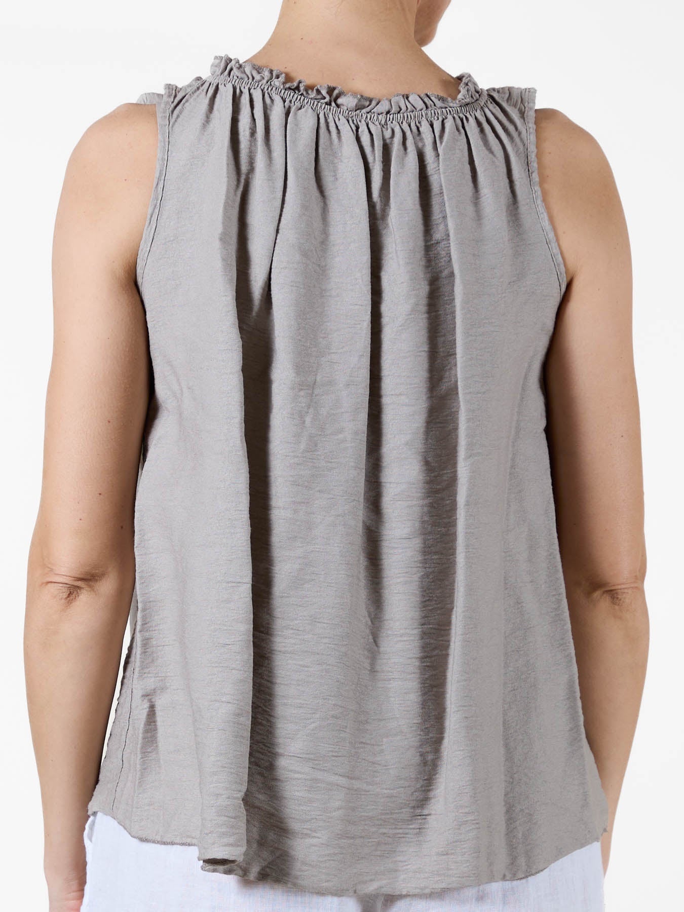 Taupe Sleeveless Top with Ruffled Neckline and Side Tie