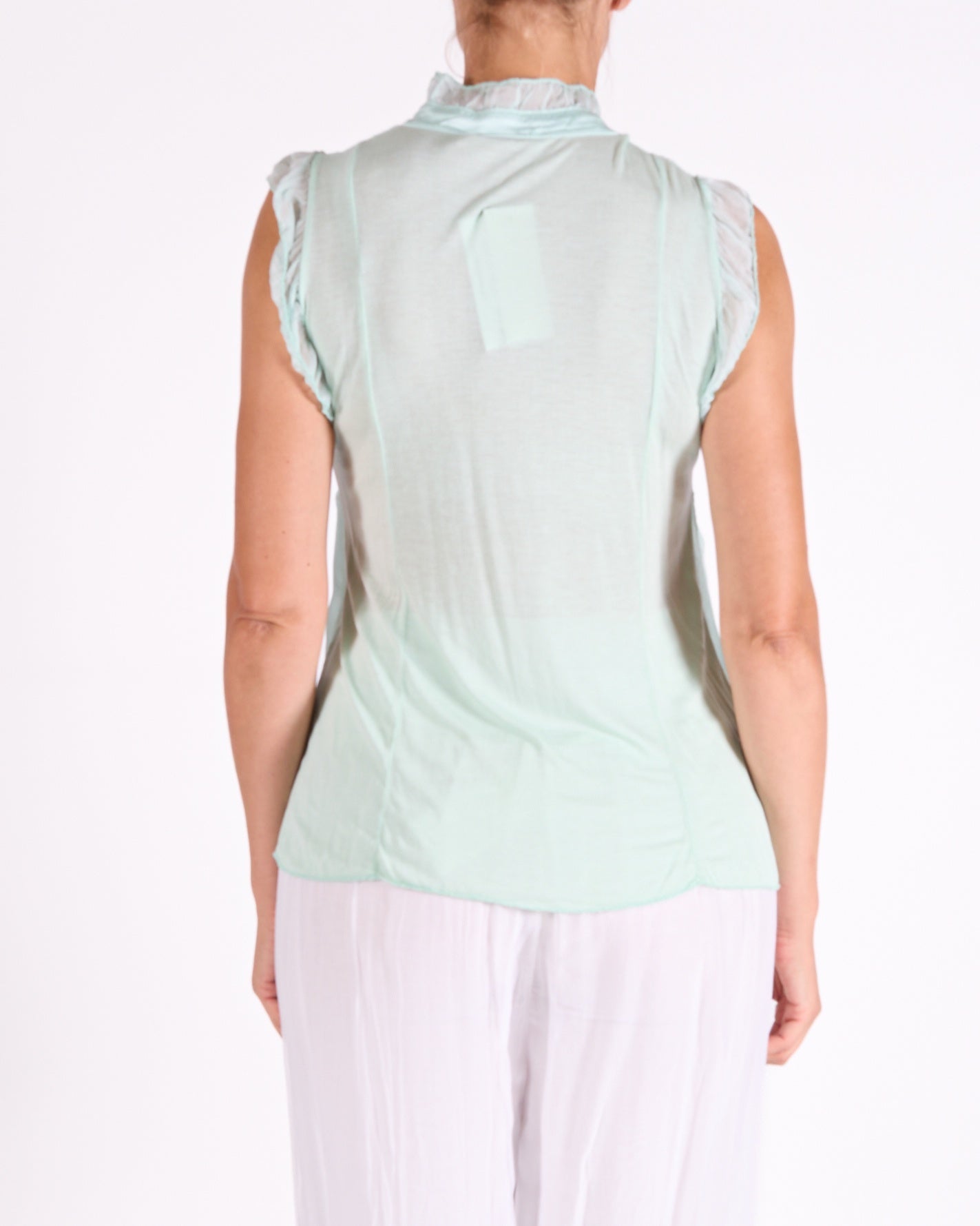 Seafoam Button Front Ruffle Arm and Front Trim V Neck Blouse