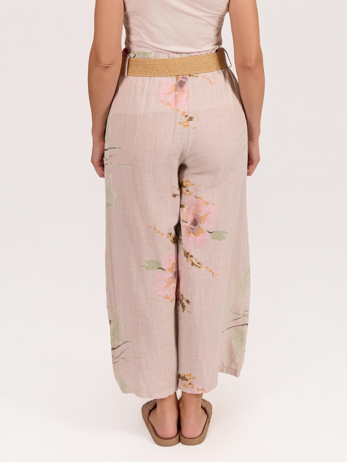 Pantalon Beige à Taille Élastique avec Cordon et Motif Floral