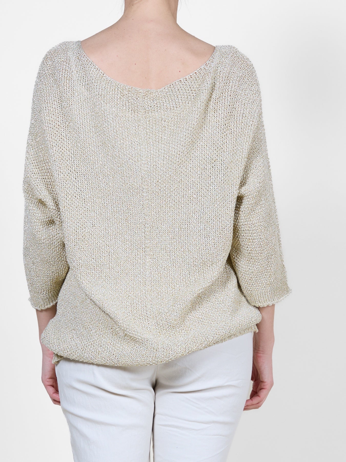 Gold Lurex Pull-On Sweater with 3/4 Sleeves