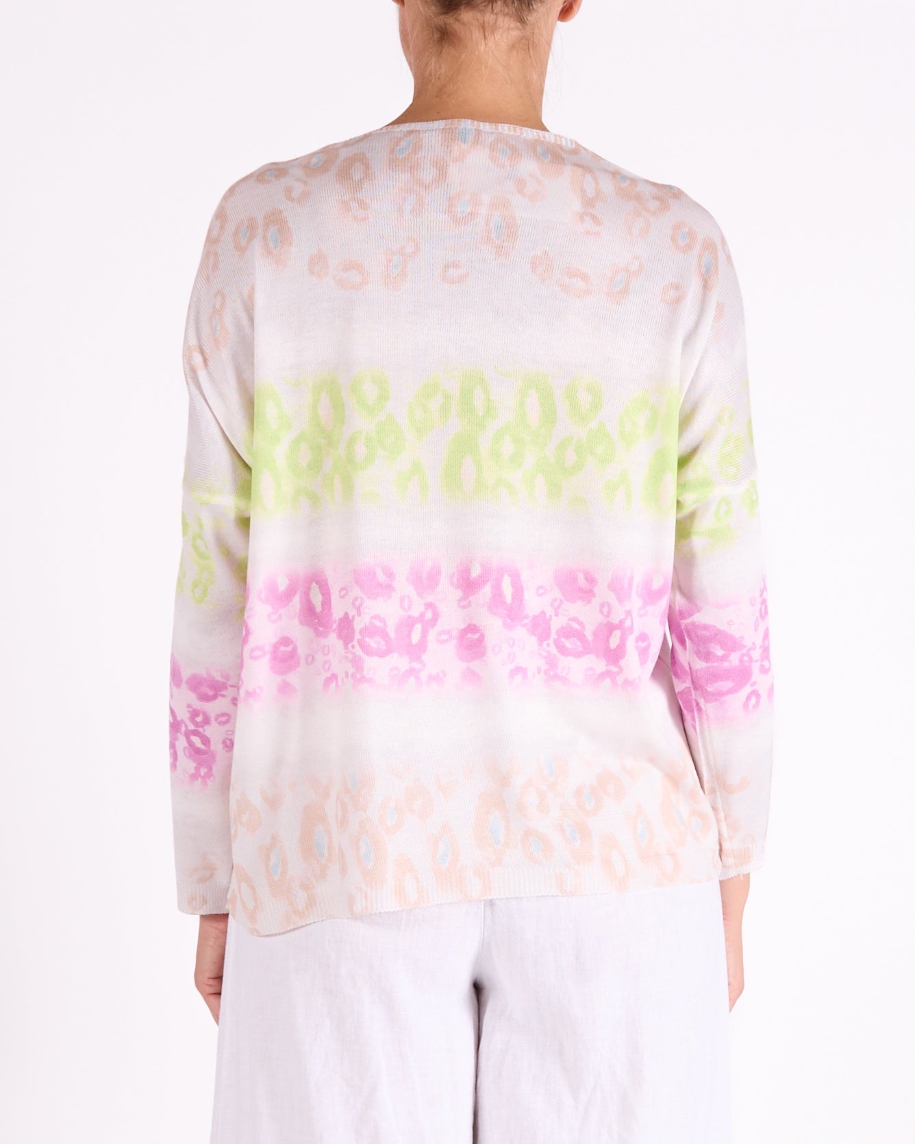 Strawberry V Neck Drop Shoulder Studded Multi Animal Print Pullover