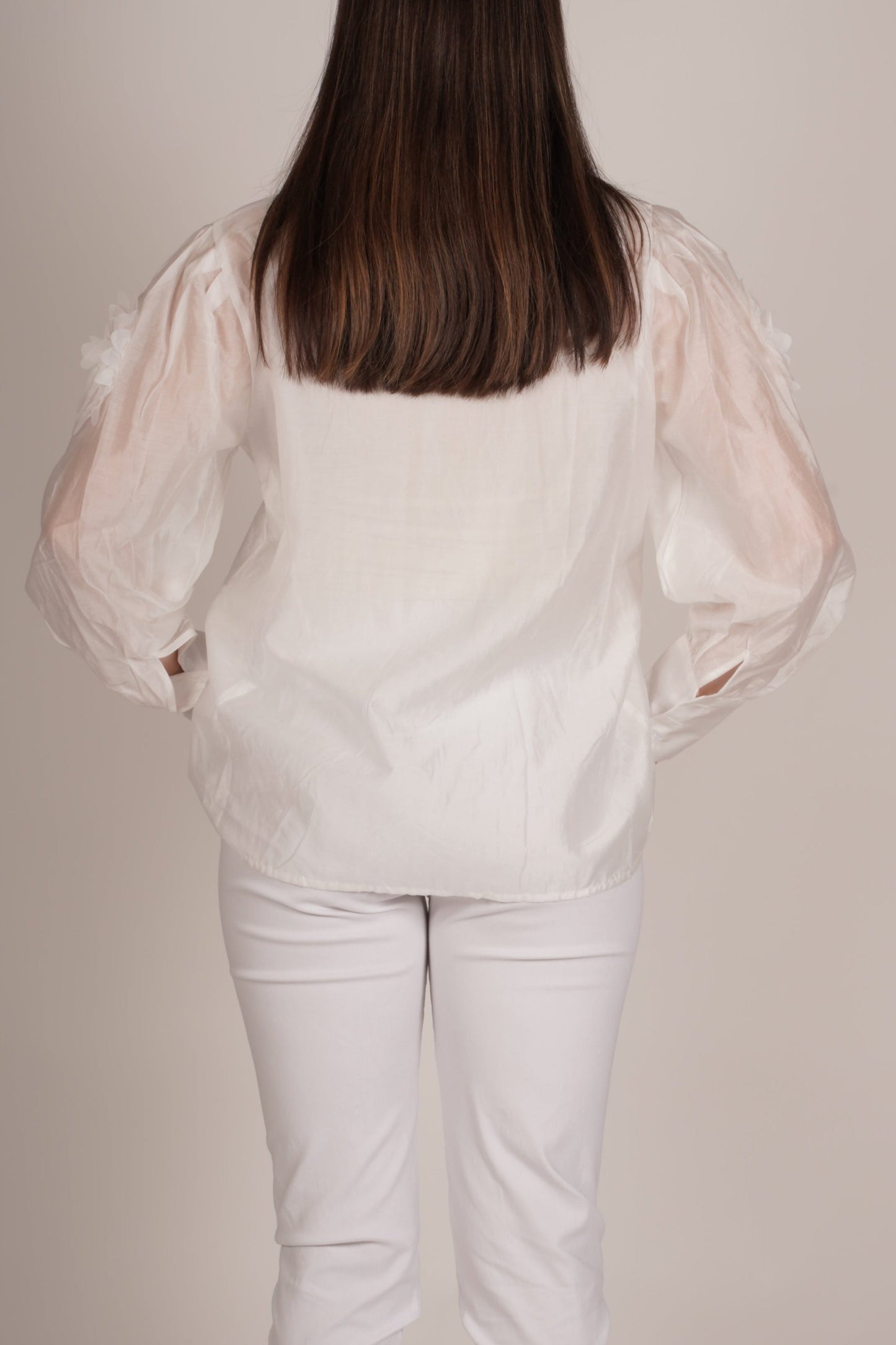 White Button-Up Blouse with Fabric Flower Detailing