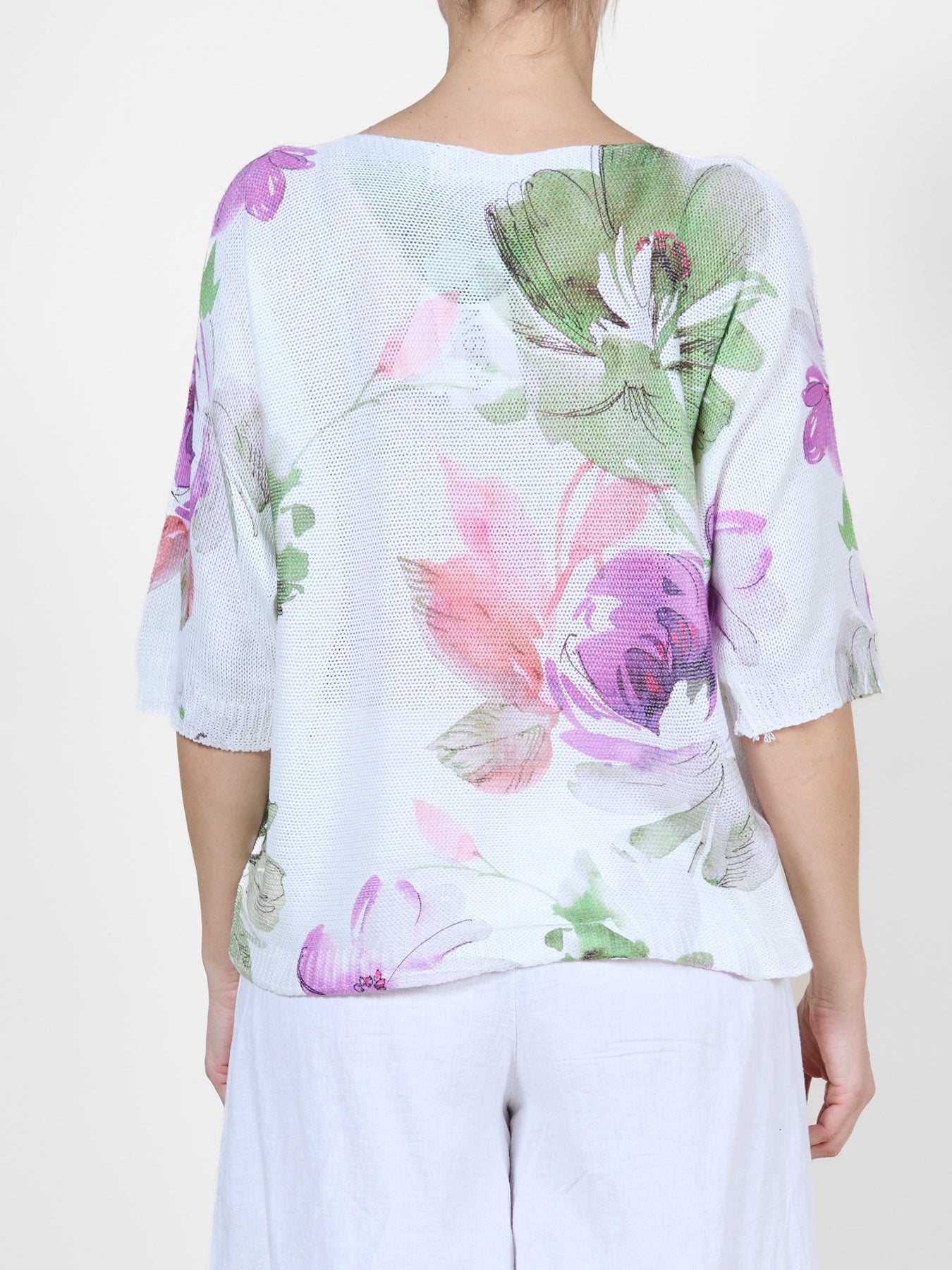 White Top with Purple Floral Print and Loose Sleeves