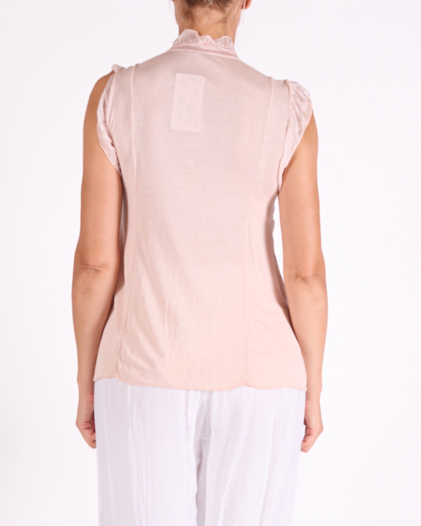 Carnation Button Front Ruffle Arm and Front Trim V Neck Blouse