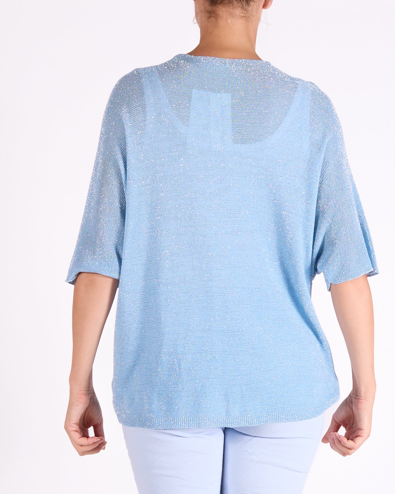 Sky Blue Deep V Neck Lurex Dolman Elbow Sleeve Top