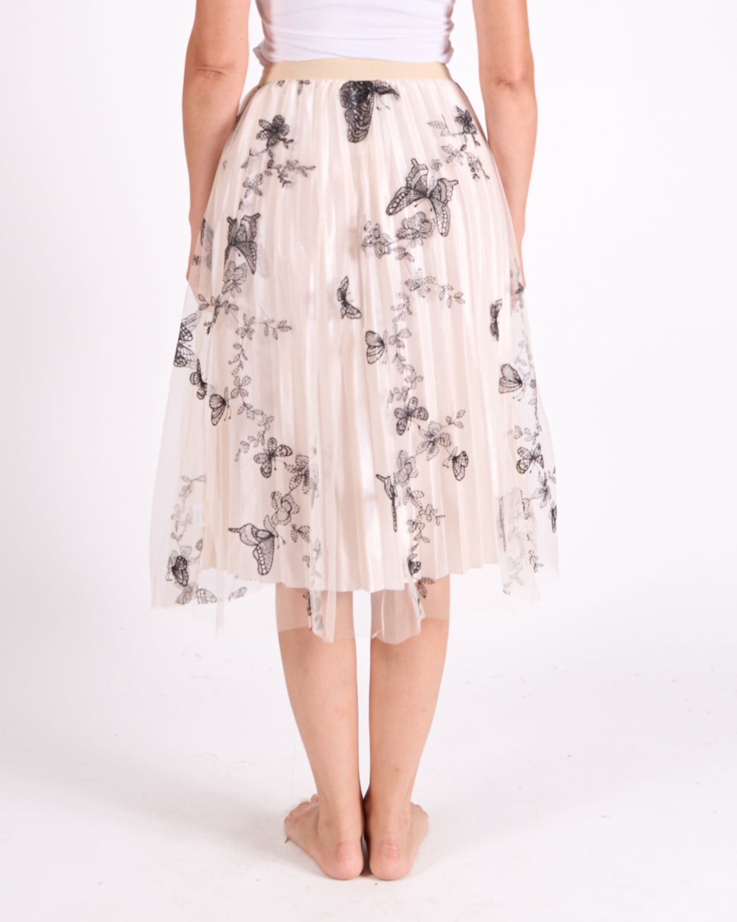 Ivory Pull on Allover Butterfly Embroidery Mesh Skirt