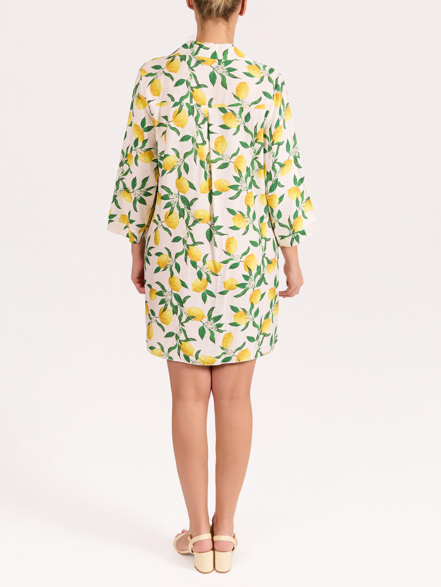 Robe Blanche à Manches 3/4 Col en V avec Imprimé Citrons