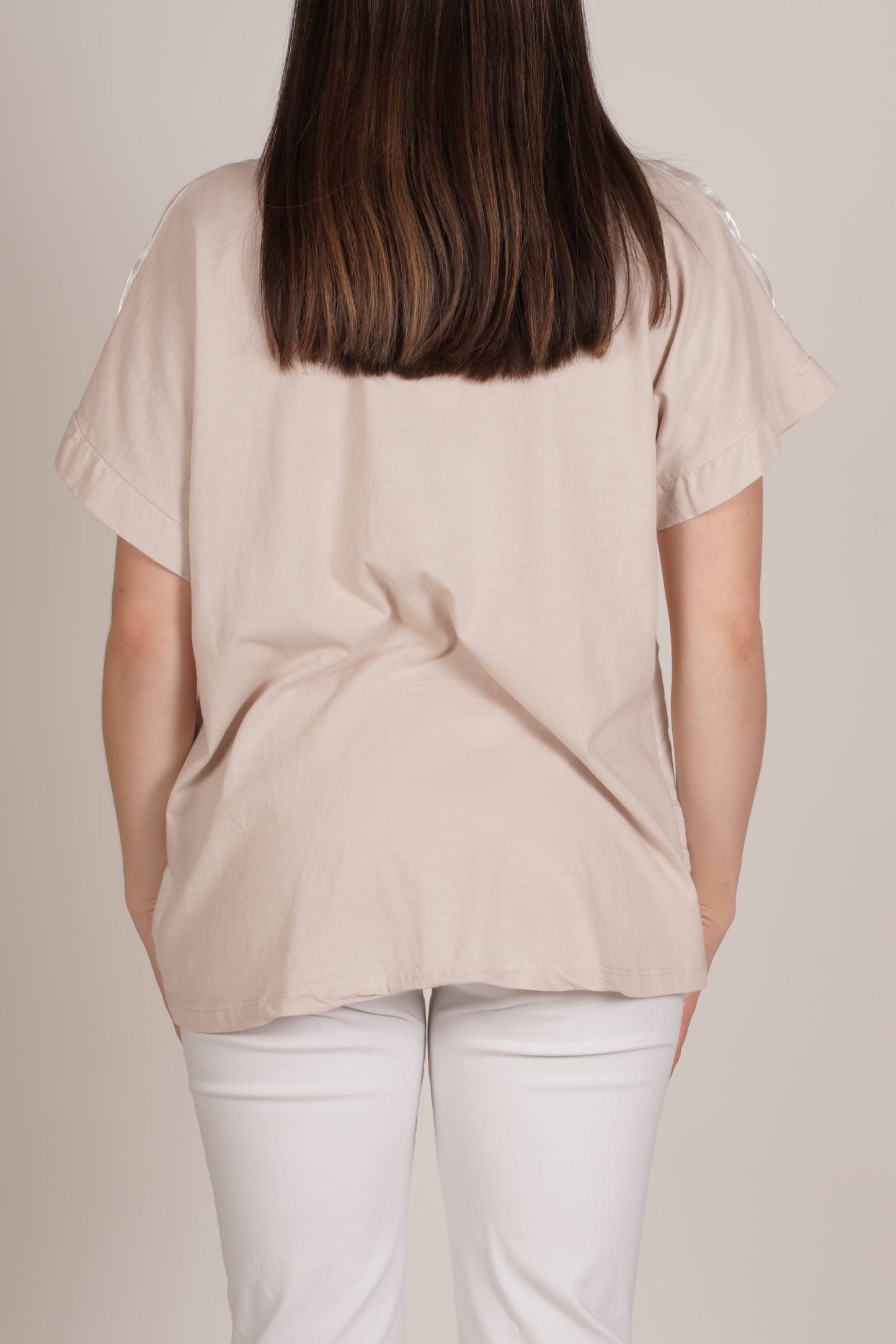 Beige Drop Shoulder Combo Knit Shimmer Top