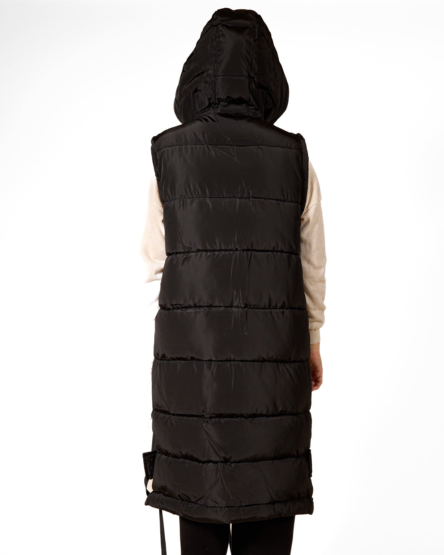 Gilet à capuche ébène avec fermeture éclair sur le devant et détail ruban, 2 poches