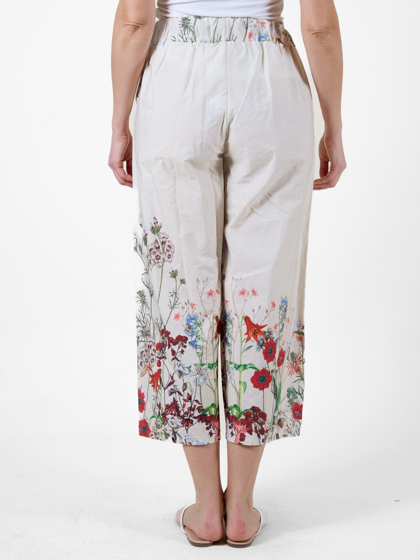 Ivory Cropped Wide Leg Pants with Floral Print and Tie Waist