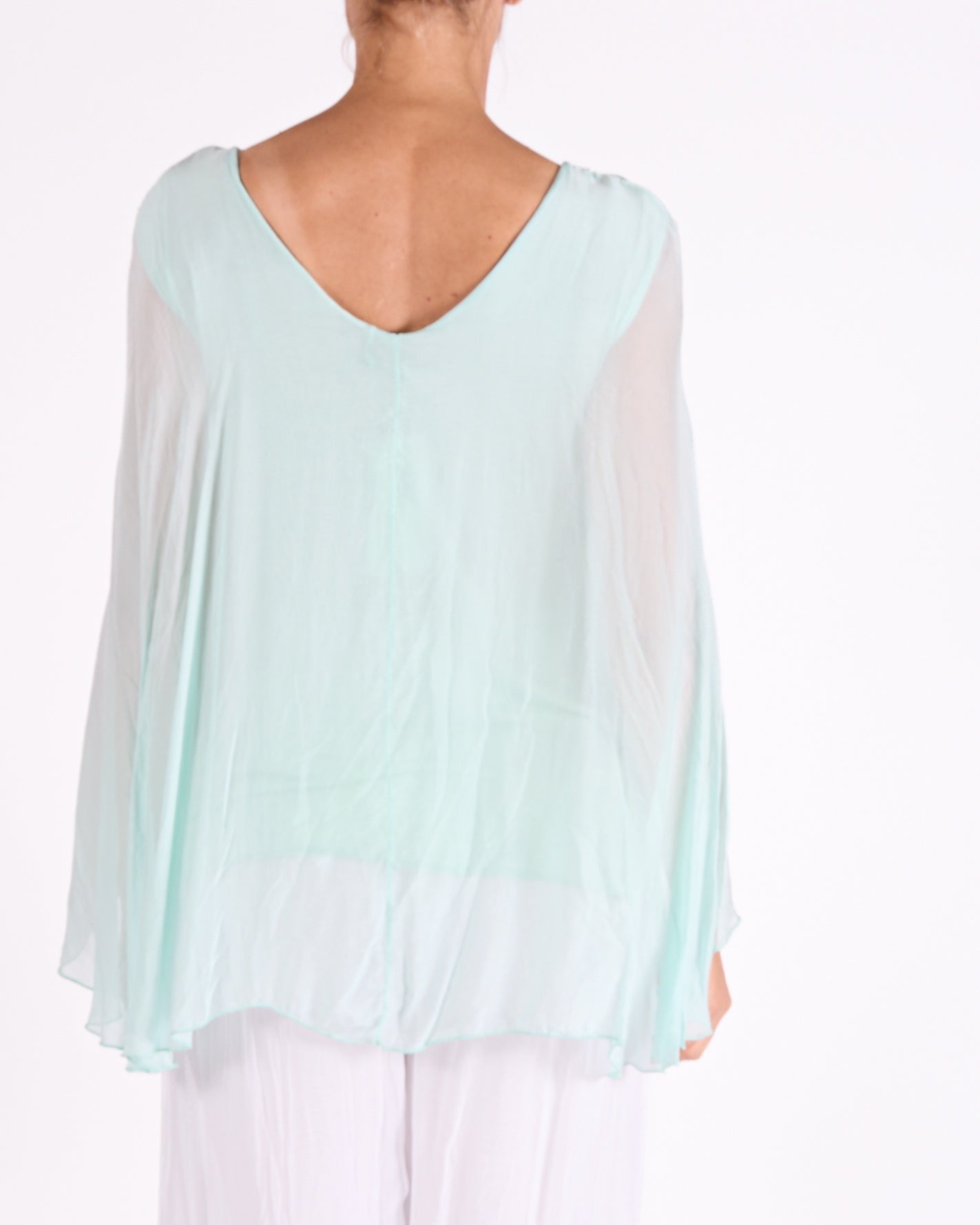 Seafoam Boat Neck Novelty Open Sleeve Front Blouse