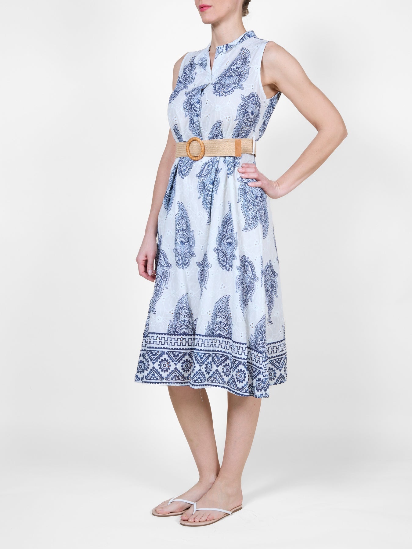 Robe sans manches à imprimé cachemire bleu nuit avec ceinture