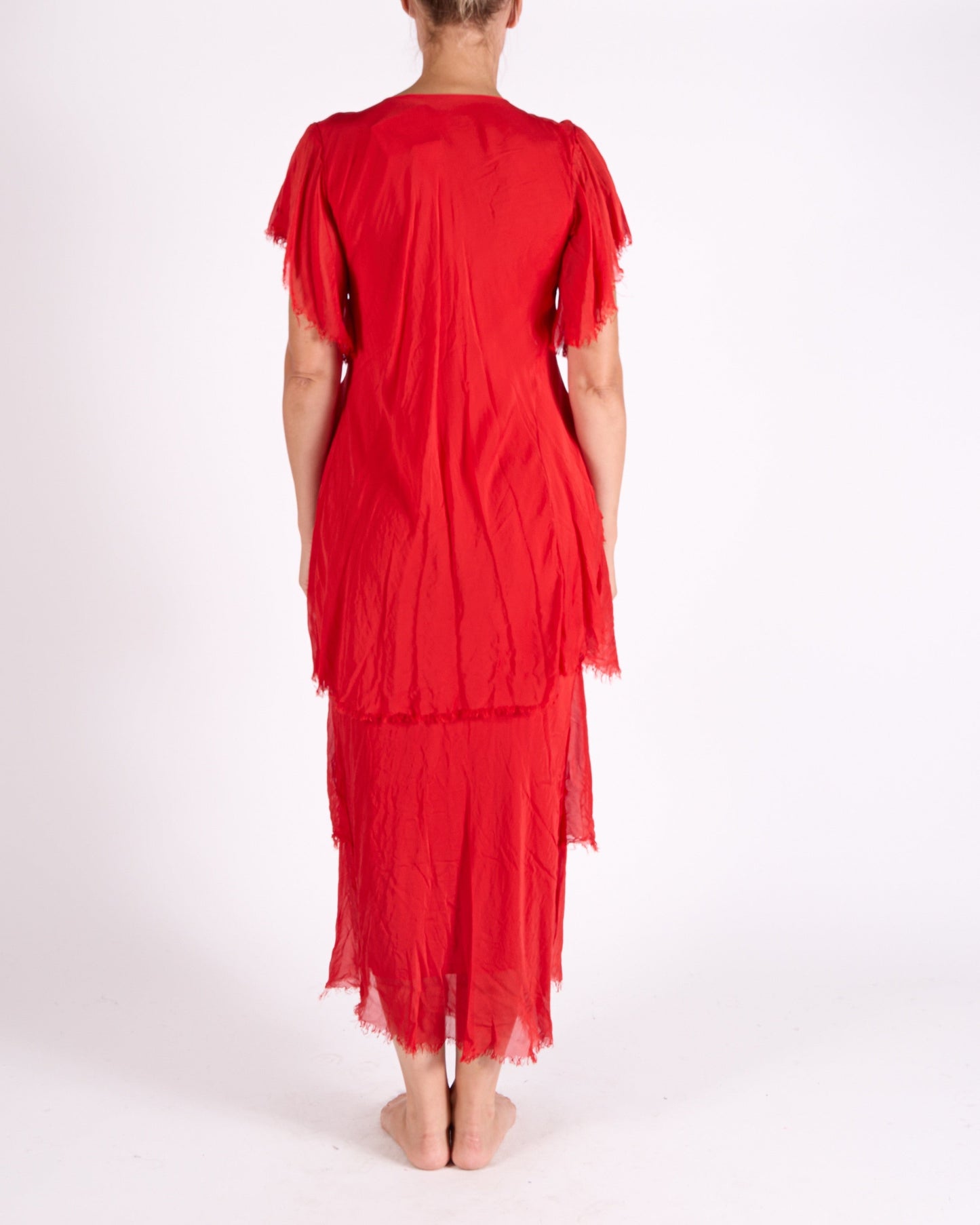 Red Short Sleeve Raw Edge Multi Layer Sequin Neck Trim Maxi Dress