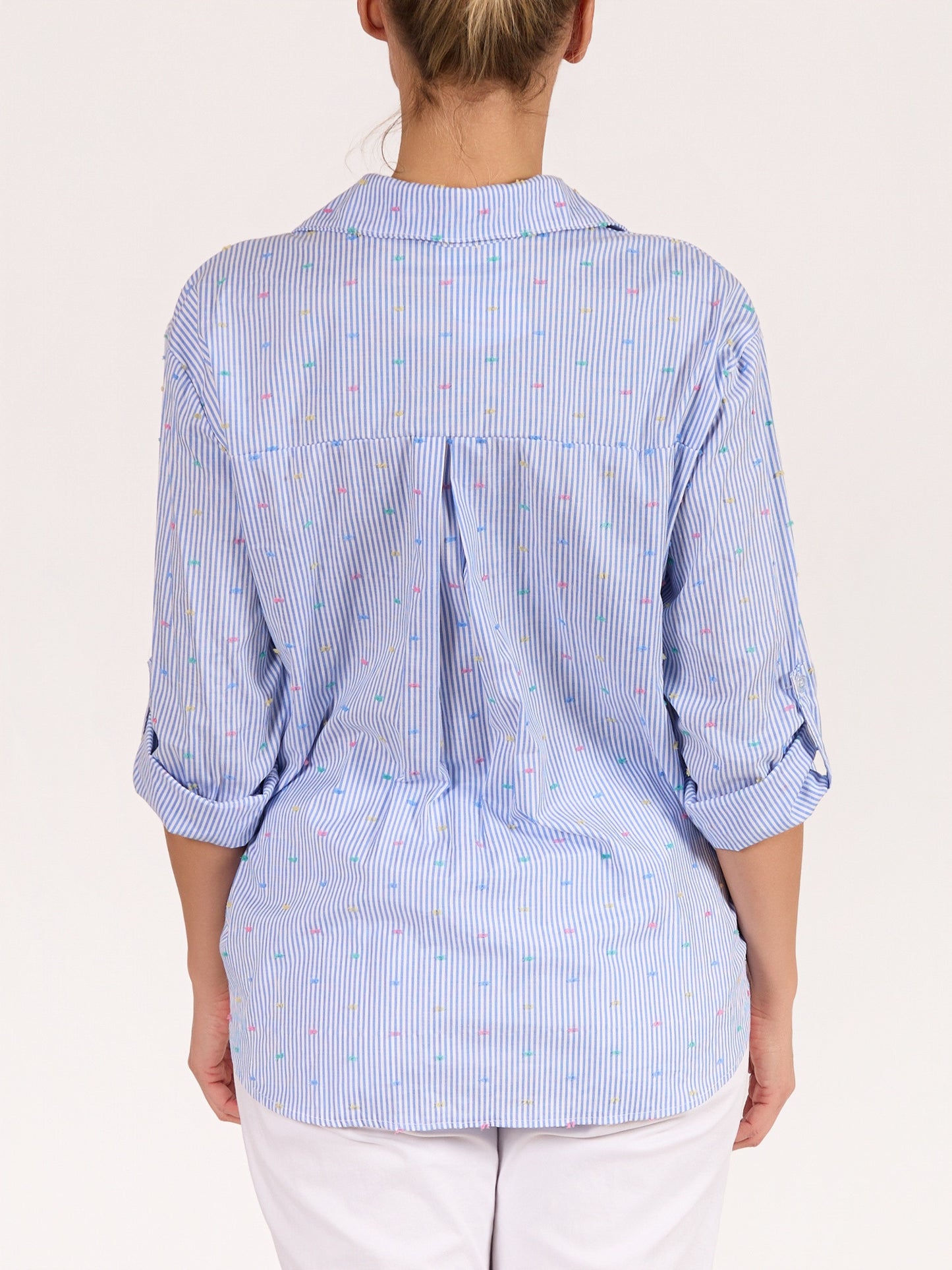Chemise rayée multivoies à boutons devant et ourlet asymétrique bleu