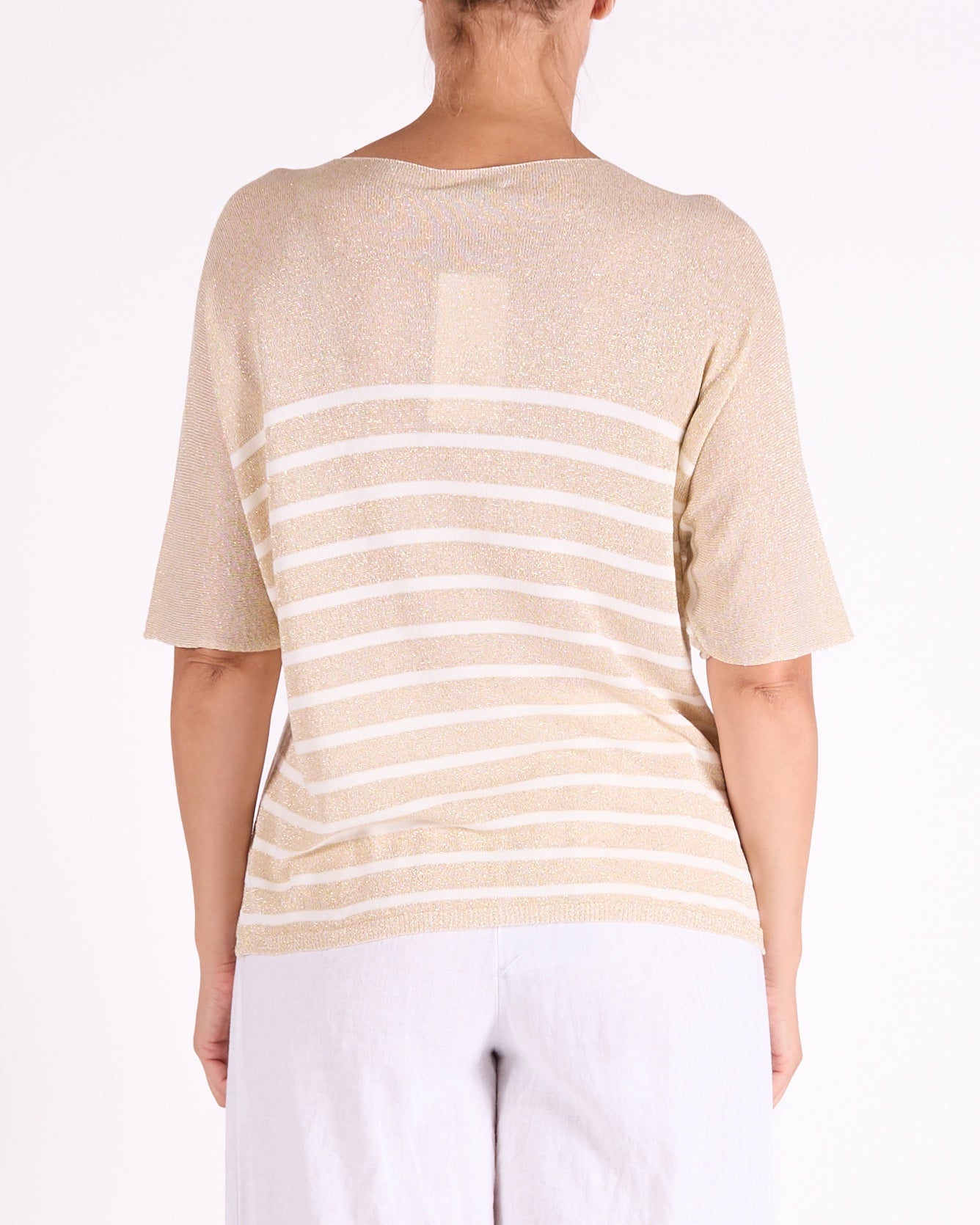 Gold Lurex Multi Stripe Triple Feather V Neck T-Shirt
