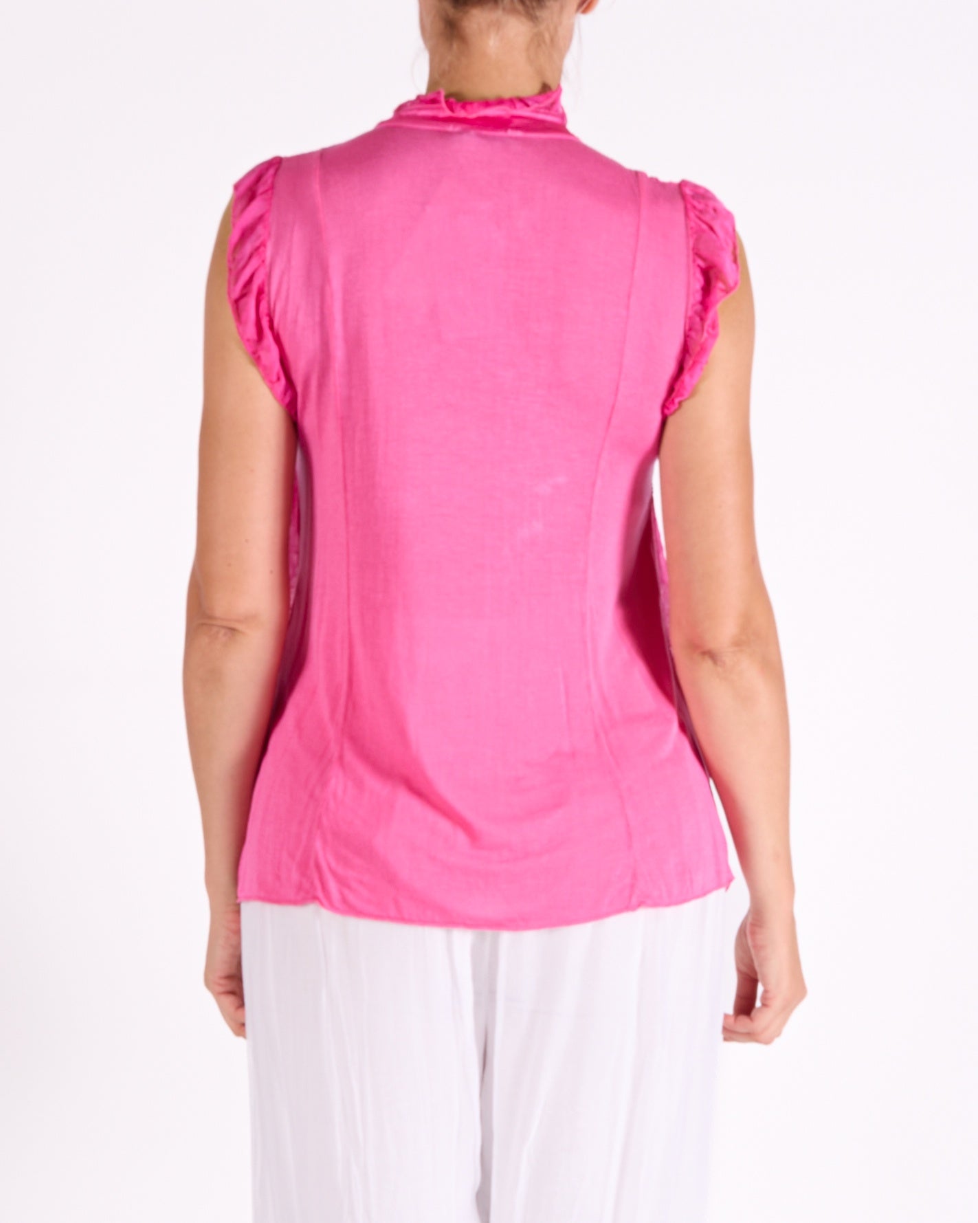 Cherry Button Front Ruffle Arm and Front Trim V Neck Blouse