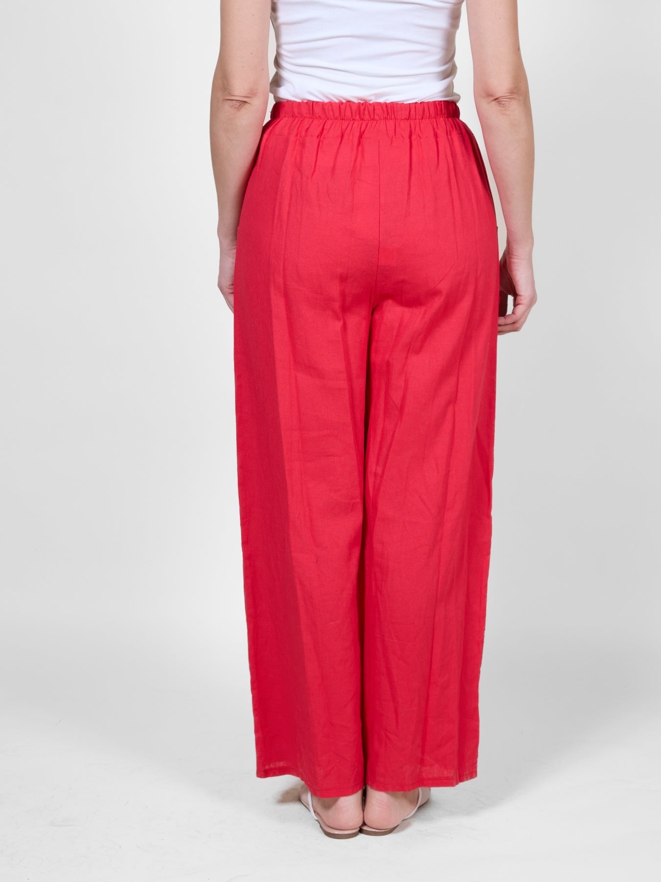 Red Flowy Pull-On Pants with Drawstring Waist and Pockets