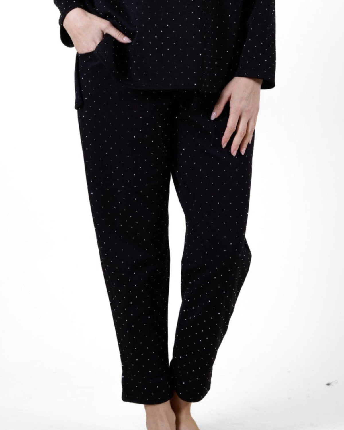 Pantalon noir à cordon de serrage et entièrement orné de strass