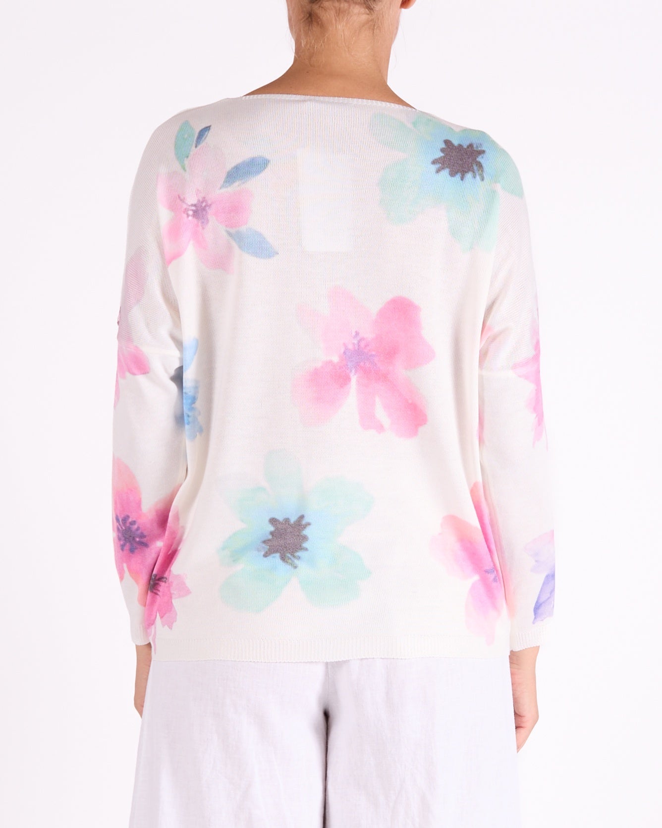 Mint V Neck Drop Shoulder Foil Floral Print Studed Pullover