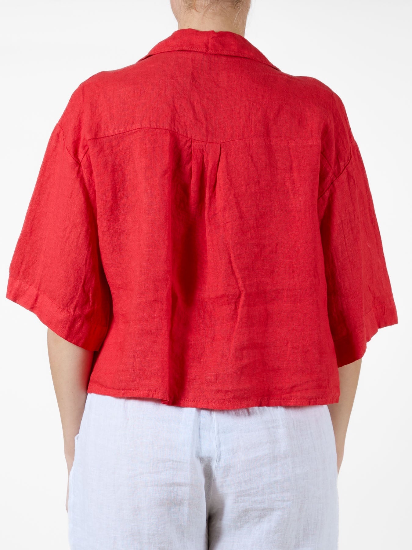 Red Short Sleeve Button-Up Blouse
