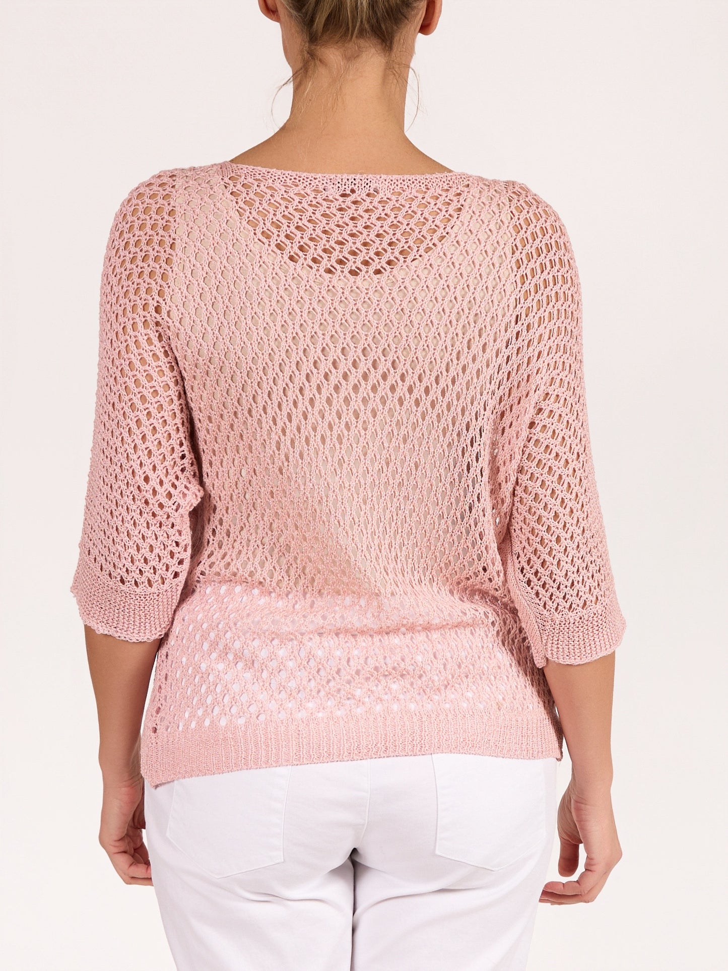 Pull en crochet rose à col en V à manches courtes BE KIND