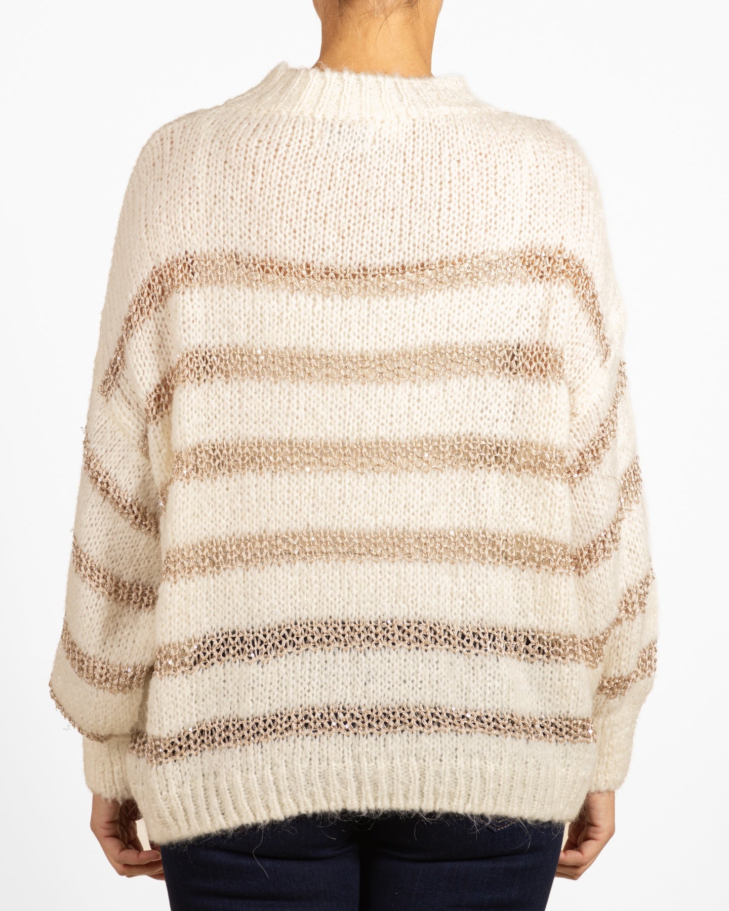 Pull à rayures crochetées en lurex à épaules tombantes