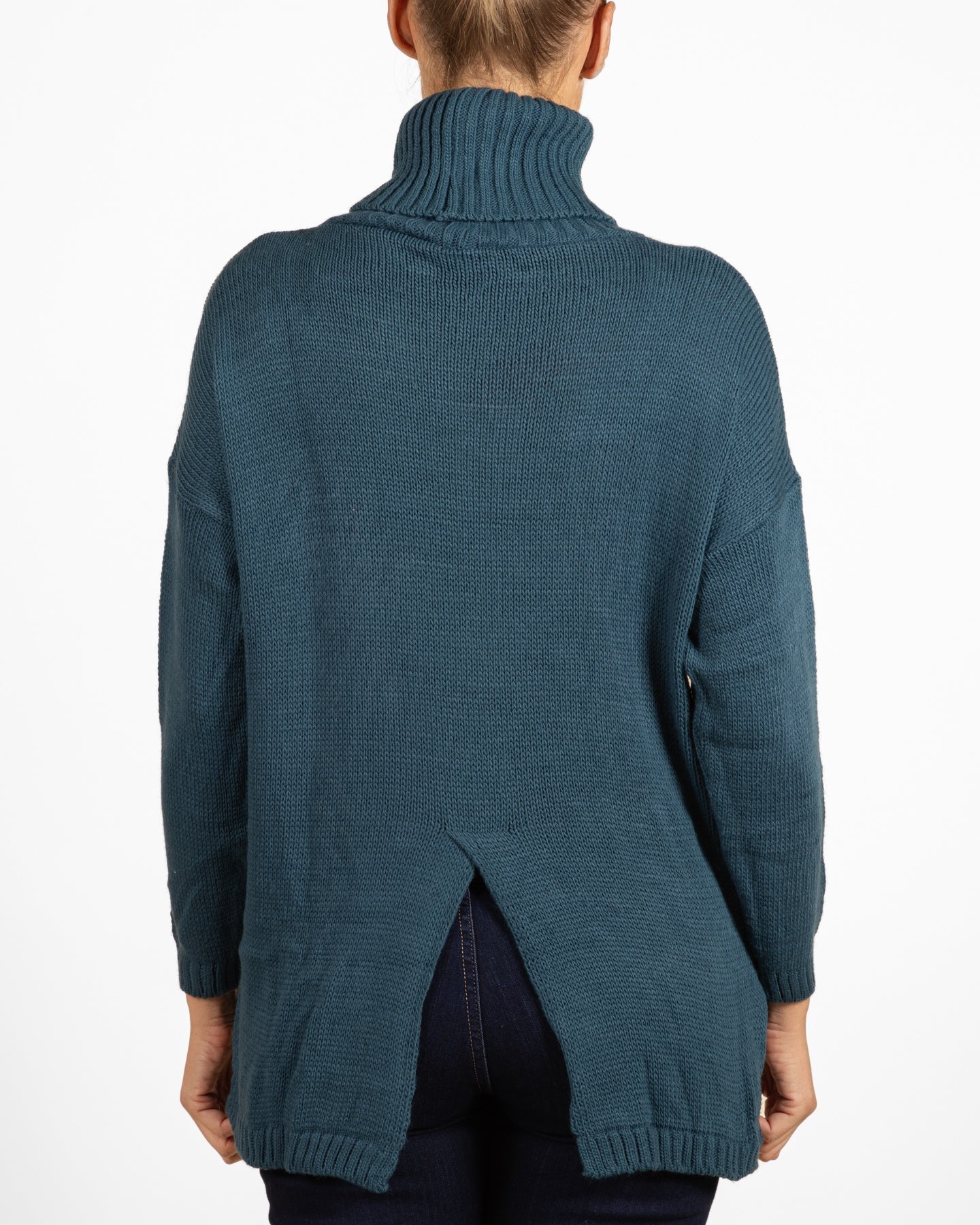 Teal Back Slit Turtleneck Sweater
