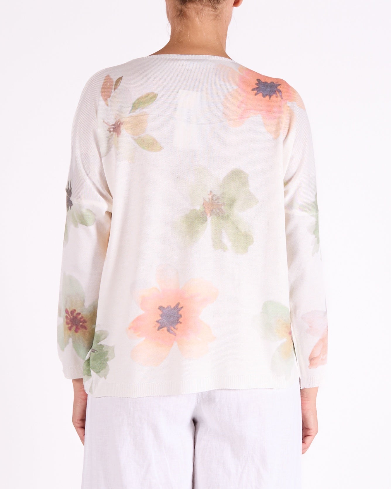 Peach V Neck Drop Shoulder Foil Floral Print Studed Pullover