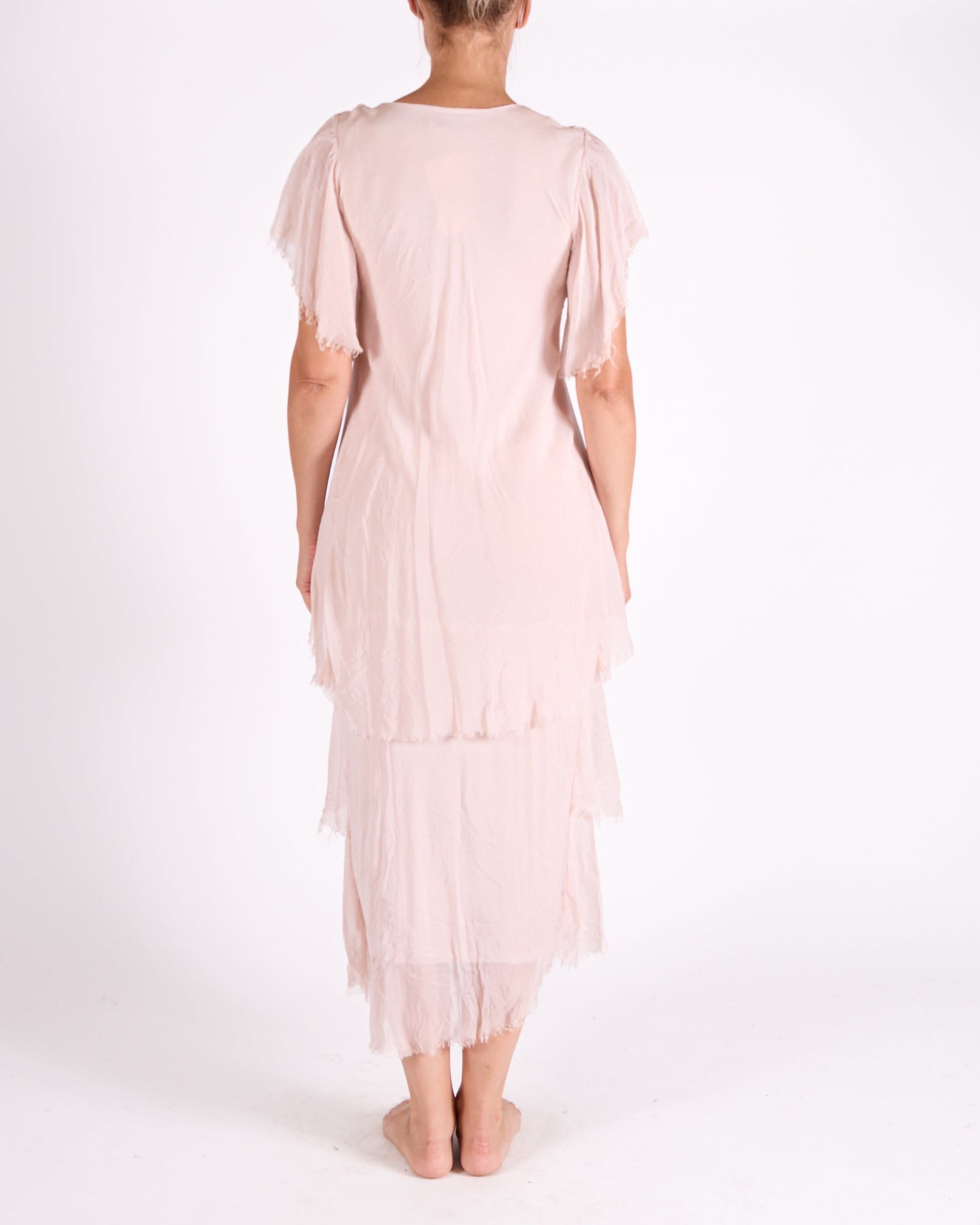 Carnation Short Sleeve Raw Edge Multi Layer Sequin Neck Trim Maxi Dress