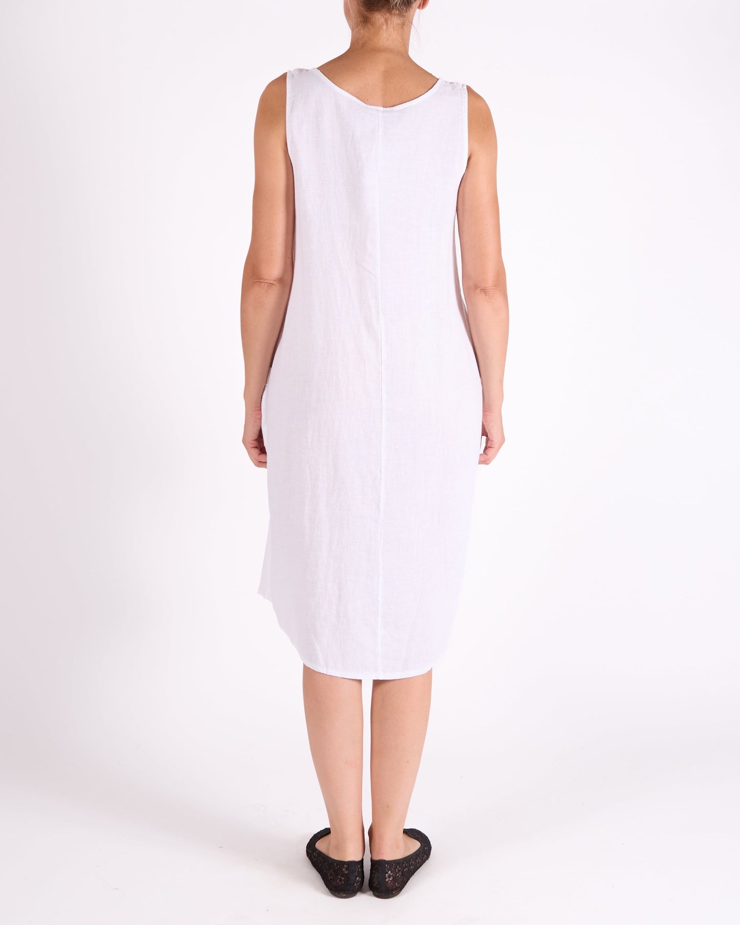White Placket Front Sleeveless 2 Pocket Raw Edge Dress