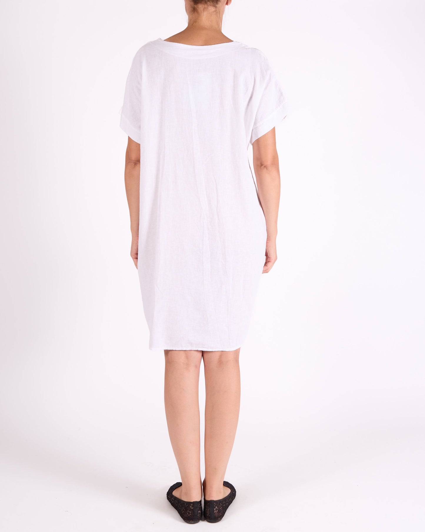 White Band V Neck 2 Pocket Dress